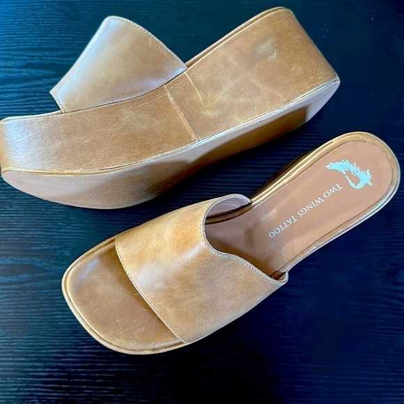 Two Wings Tattoo Handmade Leather Tan Y2K Platforms 38 - Picture 1 of 9